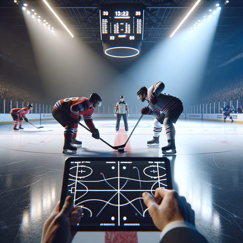 KHL and NHL key matches analysis photo showing face-off and coach reviewing tactics